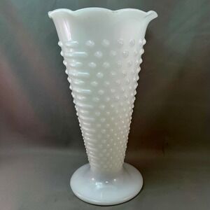 Vintage Milk Glass Hobnail Trumpet Vase White 9.5" Scalloped Rim Pedestal Base